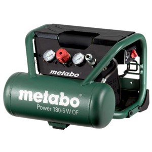 Compressore a pistoni Metabo Power 180-5 W OF verde, senza olio, con serbatoio 5L, manometri e regolatore rosso. Mobile, 8 bar.