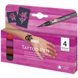 Kreul Tattoo Pen 4er-Set: Hautmalstifte in Rot, Violett, Henna, Schwarz mit Schablonen für temporäre Tattoos.