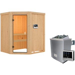 Sauna Woodfeeling Faurin con stufa e centralina, legno massello con porta in vetro
