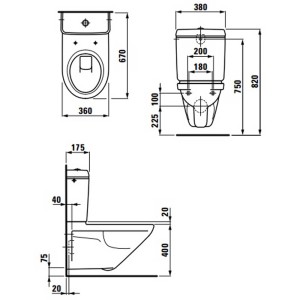 Disegno tecnico WC sospeso Laufen Moderna, senza brida, con misure per l'installazione.
