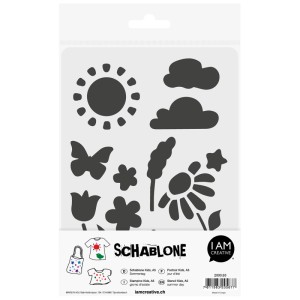 I am Creative Design-Schablone Kids Sommertag mit Sonne, Wolken, Schmetterling und Blumen.