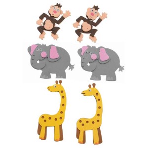 Moosgummisticker Afrika: Selbstklebende Deko-Sticker mit Affen, Elefanten und Giraffen, 12 Stück.