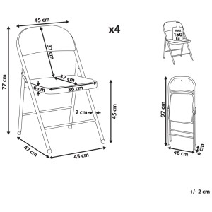 Disegno tecnico: Set 4 sedie pieghevoli Beliani Sparks in metallo nero. Misure, piegate, capacità 150 kg.