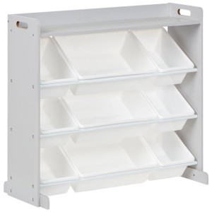 Étagère de chambre d'enfant Collie grise en MDF avec 9 boîtes de rangement blanches. Bibliothèque ouverte.