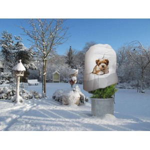 Videx Winterschutz-Vlieshaube Bruno 110x110 cm mit Hundemotiv schützt Topfpflanze im verschneiten Garten vor Frost.