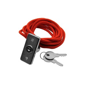 Sblocco di emergenza esterno CB 1702 REV per porte da garage con cordino rosso e chiavi.