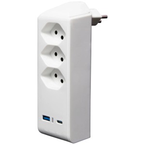 Adaptateur rotatif Brennenstuhl 3 prises avec USB, blanc. Multiprise pour usage intérieur.