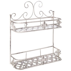 Étagère murale blanche Marayes en métal aspect antique avec 2 étagères pour salle de bain ou cuisine.
