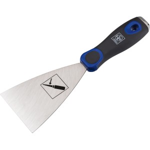 Couteau à enduire LUX rigide, largeur 8 cm, avec lame en acier et manche bleu et noir.