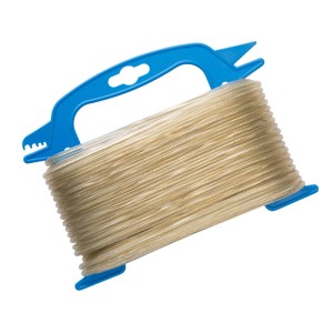 Étendoir à linge Conacord, câble acier 20m avec revêtement transparent sur bobine bleue.
