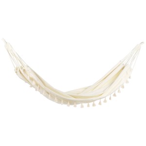 Amaca beige Beliani Vercelli in cotone con pompon, adatta per interni ed esterni.