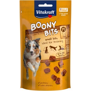 Vitakraft Boony Bits M Pollame, snack premio per cani in sacchetto giallo con cane e bocconcini.