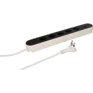 Max Hauri ciabatta elettrica Design Line bianca, 5x T13, 2x USB-C, con interruttore e spina piatta.