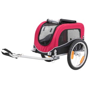 Rimorchio bici per cani Trixie, rosso e nero, con finestre a rete e catarifrangenti.
