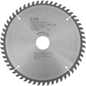 Lama per sega circolare LUX HM, diametro 190 mm, 56 denti per tagli precisi.