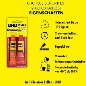 Uhu Plus Sofortfest adesivo epossidico bicomponente, cartuccia a doppia camera trasparente con proprietà.