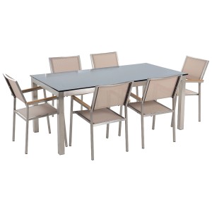 Ensemble de meubles de jardin Beliani Grosseto avec 6 chaises, plateau en verre noir/beige.