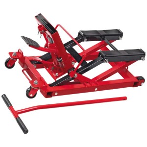 Sollevatore moto Cartrend, rosso/nero, max. 680 kg, con maniglia a T e ruote per facile manutenzione e riparazione.