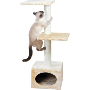 Arbre à chat beige Jollypaw Jelly (109 cm) avec chat grimpant au poteau en sisal.