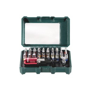 Metabo Bit-Box SP 32 pièces dans un boîtier vert ouvert avec divers embouts et porte-embout.