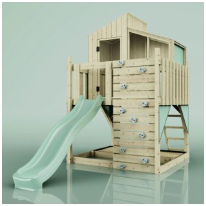 Cabane sur pilotis OutdoorToys Komet en bois avec toboggan vert menthe et mur d'escalade.