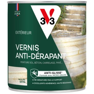 Pot de vernis antidérapant V33, incolore, satiné, pour sols et escaliers antidérapants intérieurs et extérieurs.