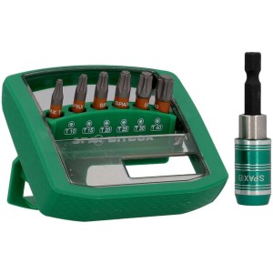 Boîte d'embouts Spax TRX avec 6 embouts (T10-T40) et porte-embout dans une boîte verte.
