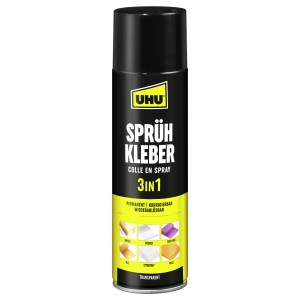 Uhu Spray Adesivo 3in1, bomboletta da 500ml. Adesivo universale per carta, tessuto, pelle e altro.