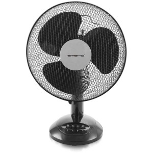 Ventilateur de table noir Emerio, 35 W, Ø 30 cm, avec grille de protection et panneau de commande sur la base.