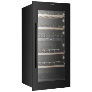 Trisa Einbau-Weinkühlschrank mit Glasfront, Buchenholzablagen und zwei Temperaturzonen.