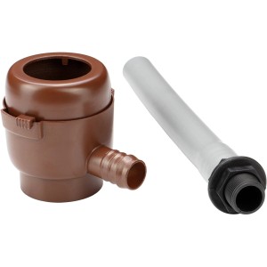 Riempitore automatico Garantia Mini DN 50-60, marrone, con tubo per serbatoi di raccolta e punti di prelievo acqua.