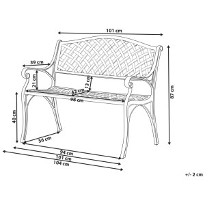 Schéma du banc de jardin en aluminium marron Beliani Staggia avec dimensions.