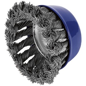Spazzola a tazza intrecciata LUX-TOOLS Ø 65 mm per smerigliatrice angolare. Spazzola metallica blu con fili d'acciaio.