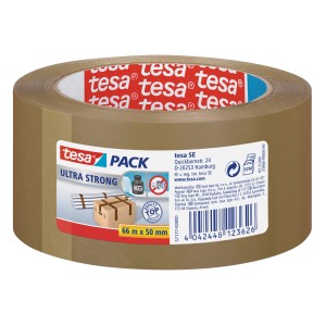 Rouleau de ruban adhésif d'emballage Tesa Ultra Strong marron, 66 m x 50 mm, pour une fermeture solide des colis.