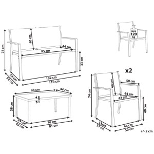Salon de jardin Beliani Tavoleto, gris foncé. Dessin technique avec dimensions du canapé 2 places, 2 fauteuils, table basse en acier.