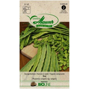 Confezione di semi di fagiolino rampicante Eva Bio, con fagiolini verdi freschi e fagioli tagliati.