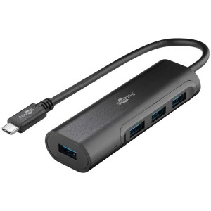 Hub USB 3.0 nero con connettore USB-C e 4 porte USB-A per computer e multimedia.