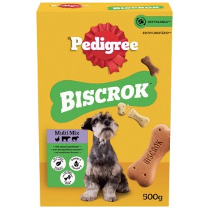 Pedigree Biscrok biscotti per cani, confezione da 500g con cane sul davanti.