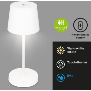 Lampe de table sans fil blanche Brilo, 2,6W, avec variateur tactile et protection IP44.