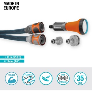 Gardena Liano™ Xtreme Set tubo da giardino 10m con doccetta e adattatori per irrigazione.