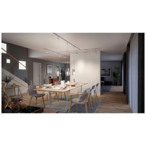 Système de rail URail : Salon avec alimentation finale Paulmann URail et luminaires assortis.