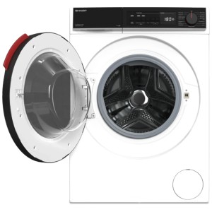 Lavatrice Sharp ES-WNFB214CWDA bianca aperta con pannello di controllo nero e maniglia rossa. Caricatore frontale con capacità di 12 kg.