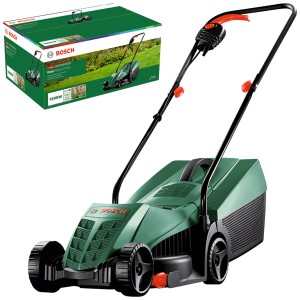 Tagliaerba elettrico Bosch EasyRotak 32-205, verde, con cesto di raccolta e confezione.