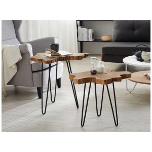 Beliani Table d'appoint Camrose, lot de 2 en teck avec structure en métal noir.
