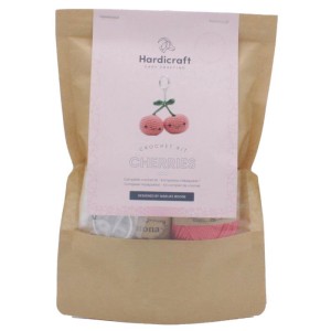Kit uncinetto Hardicraft per portachiavi a forma di ciliegia in cotone rosa e verde.
