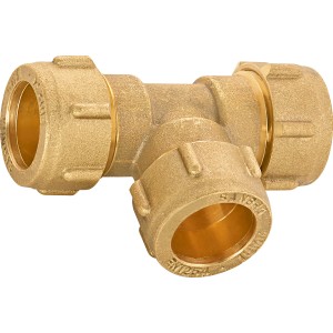 Raccordo a T a compressione in ottone, 31 mm, per riscaldamento e idraulica.