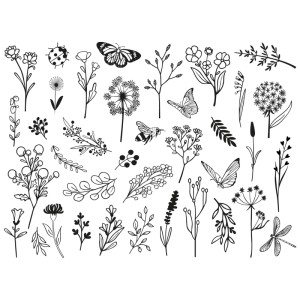 Aladine Stempel-Set Floral mit Blumen, Schmetterling, Marienkäfer, Libelle und Biene.