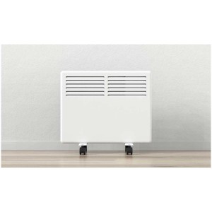 Termoconvettore elettrico bianco Sonnenkönig Slim E 1000 con ruote, appoggiato a una parete.