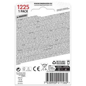 Pila a bottone al litio Energizer BR1225, 3V, confezione da 1, retro della confezione.