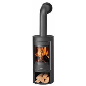 Poêle à bois noir Justus Mino 2.0 en acier avec compartiment à bois et feu allumé.